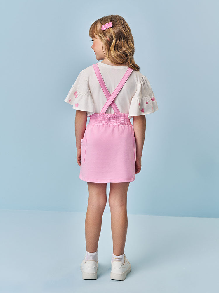 Salopete Infantil Cinti Verão Rosa com Blusa Branca Corações
