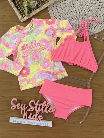 Biquíni Infantil Kukiê Verão Rosa com Blusa Manga Longa Floral