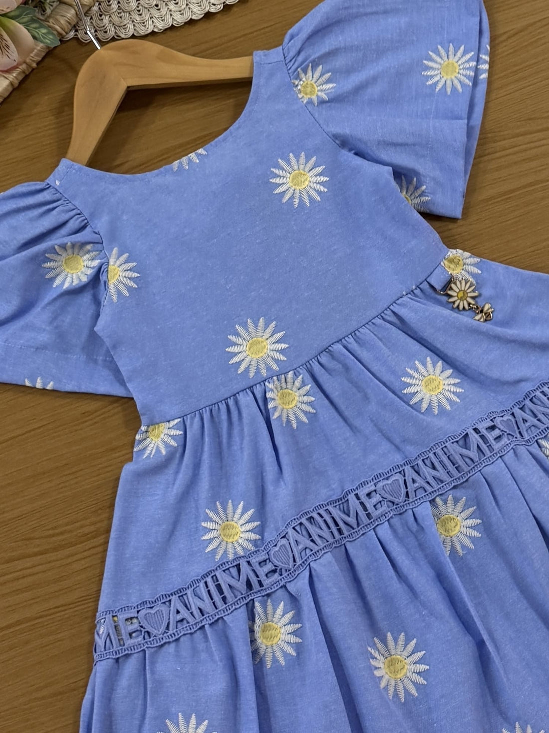 Vestido Infantil Animê Verão Azul Florzinha