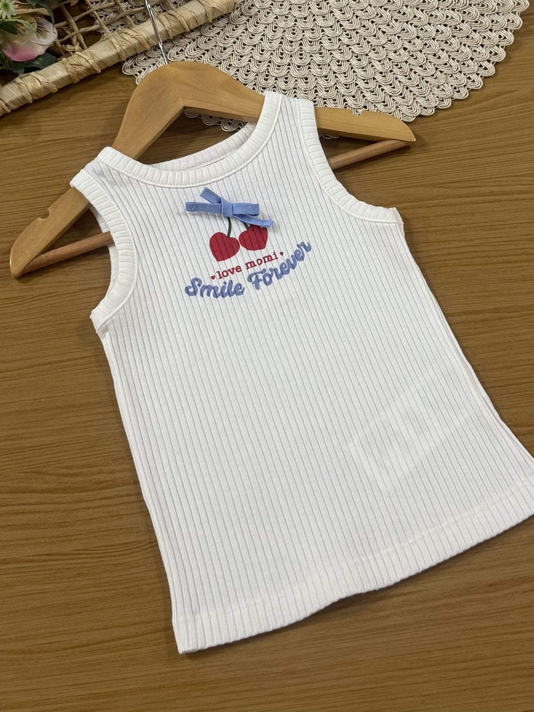 Conjunto Infantil Momi Verão com Saia Azul Listrada e Regata  Branca Cereje