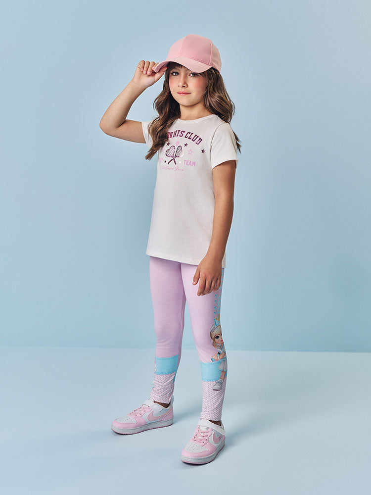 Conjunto Infantil Cinti Verão com Calça Legging Rosa e Blusa Branca Tennis Club