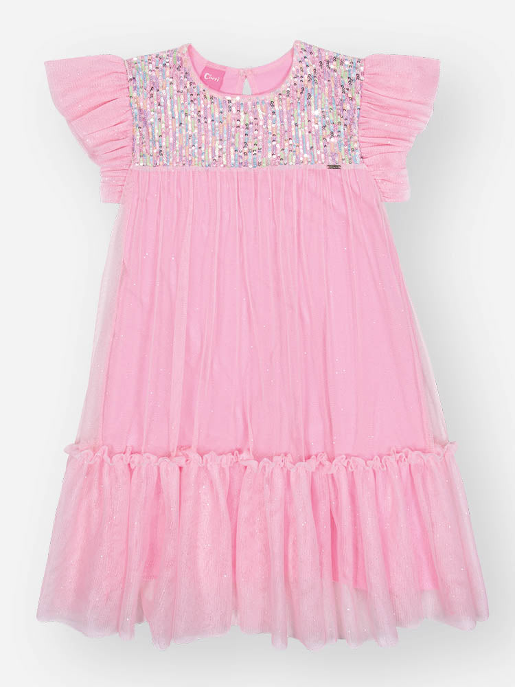Vestido Infantil Cinti Verão Rosa Paetê e Tule com Glitter
