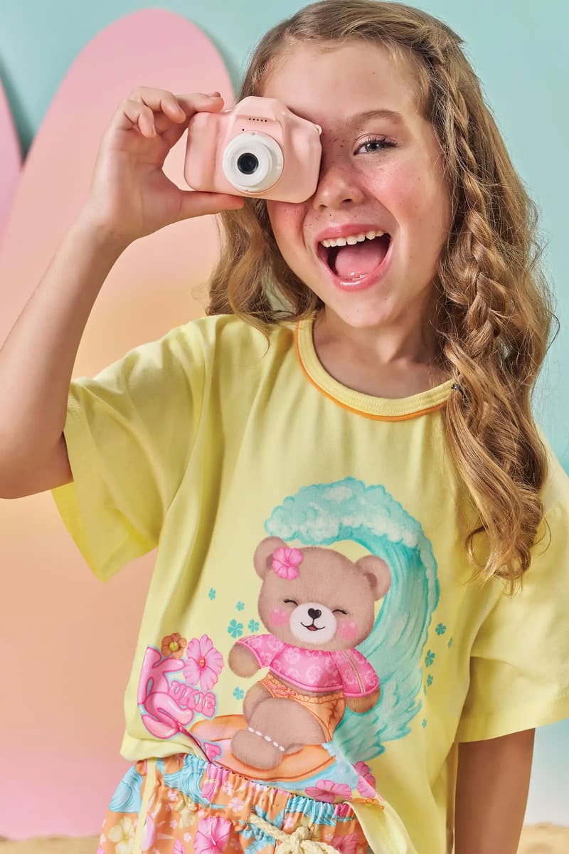 Conjunto Infantil Kukiê Verão com Shorts Laranja e Blusa Amarela Ursinha Surfista