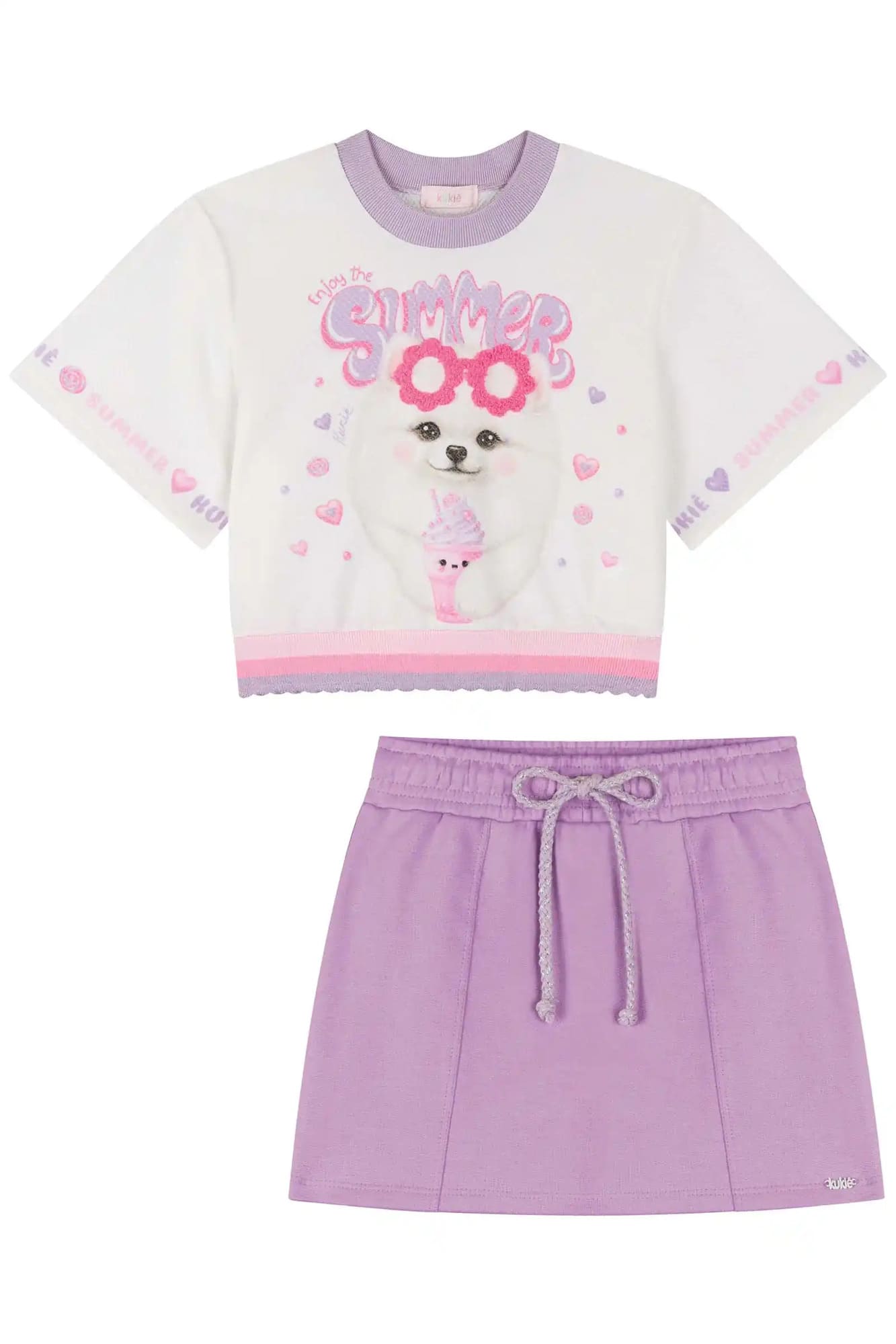 Conjunto Infantil Kukiê Verão com Shorts Saia Lilás e Blusa Branca Cachorrinha Summer