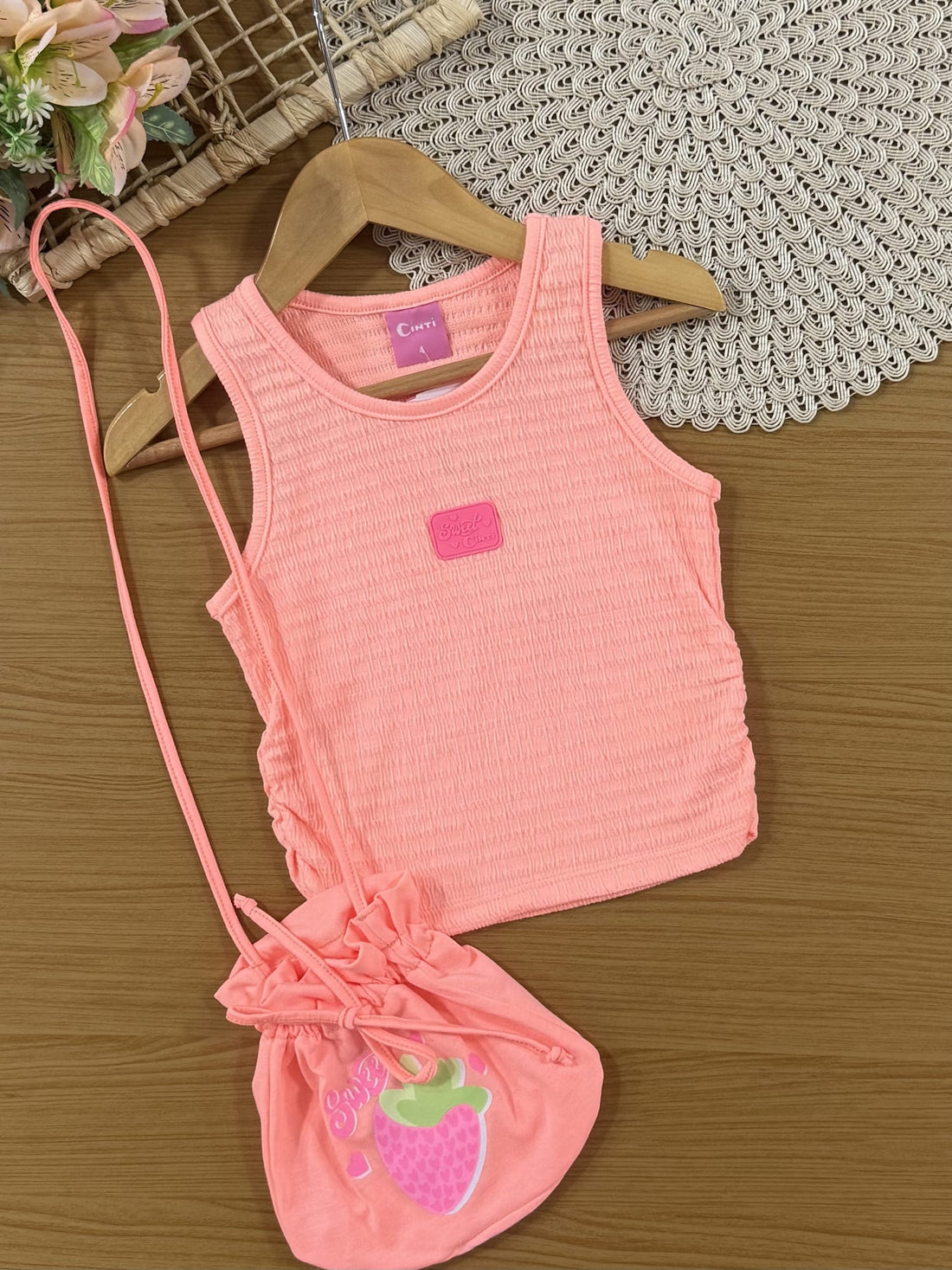 Conjunto Infantil Cinti Verão, Shorts Saia e Regata Laranja com Bolsinha