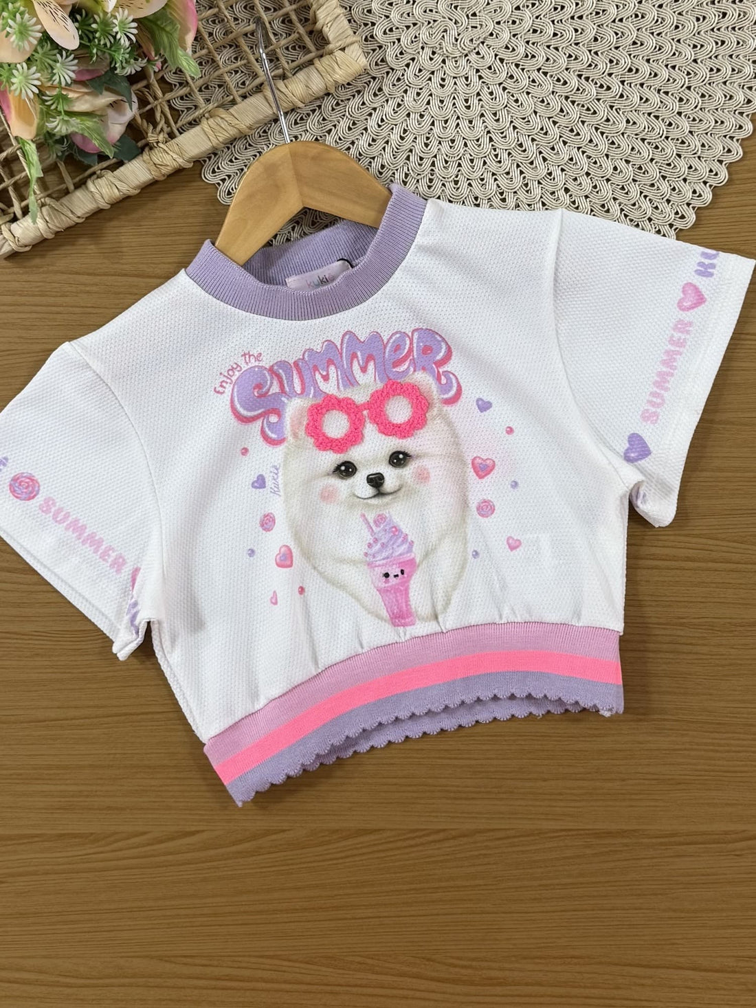 Conjunto Infantil Kukiê Verão com Shorts Saia Lilás e Blusa Branca Cachorrinha Summer