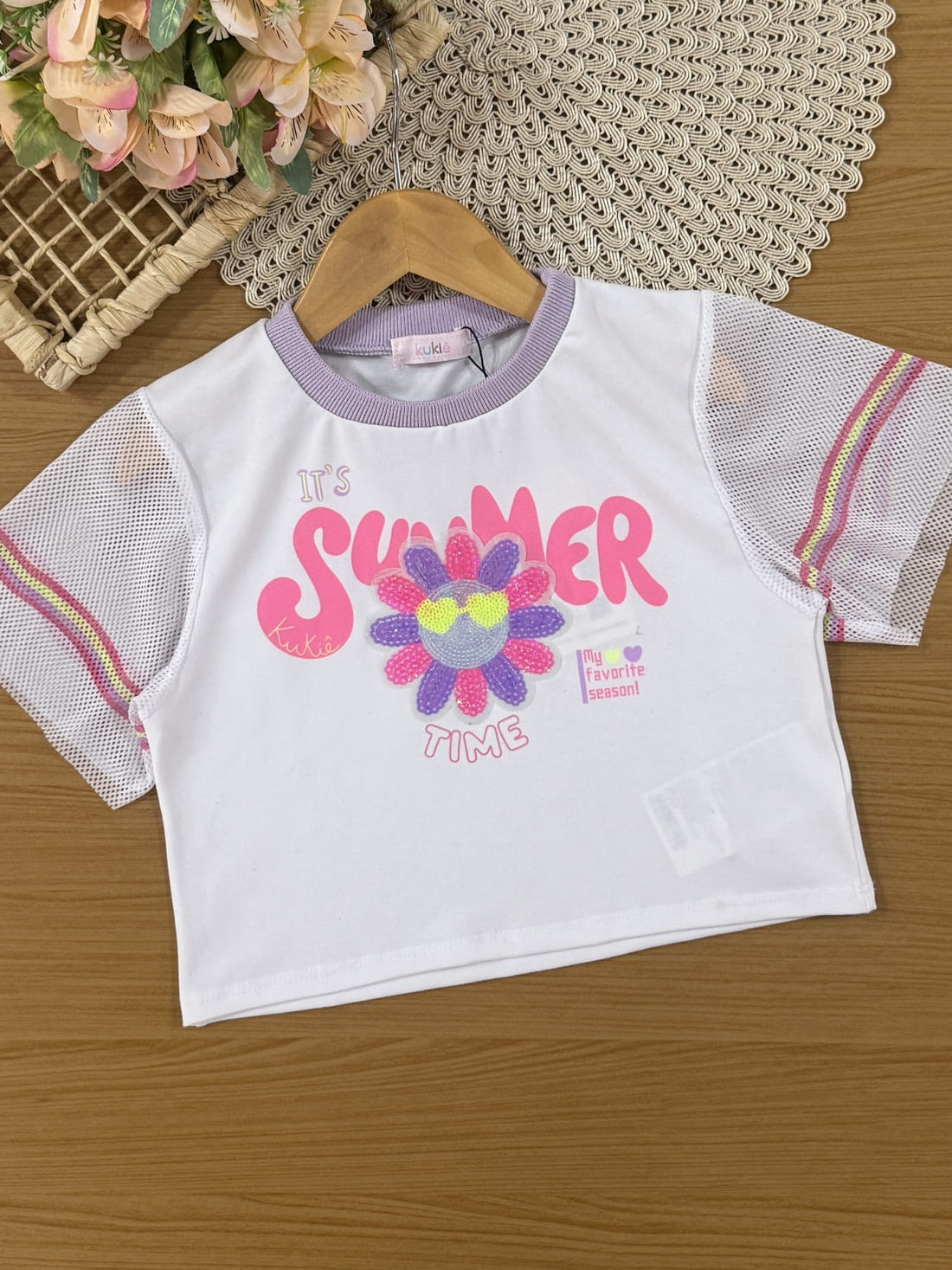 Conjunto Infantil Kukiê Verão com Shorts Rosa e Blusa Branca Summer