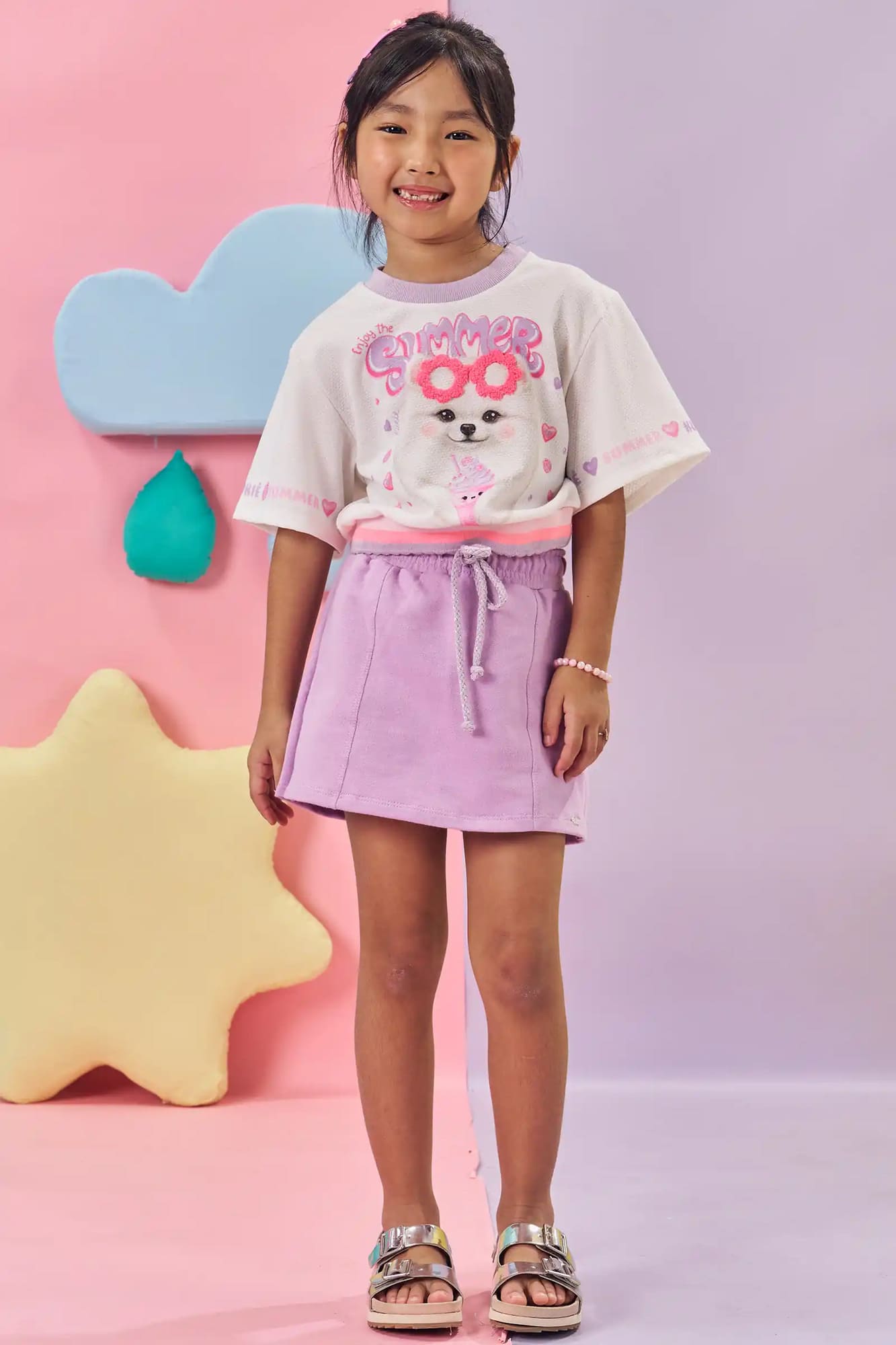 Conjunto Infantil Kukiê Verão com Shorts Saia Lilás e Blusa Branca Cachorrinha Summer