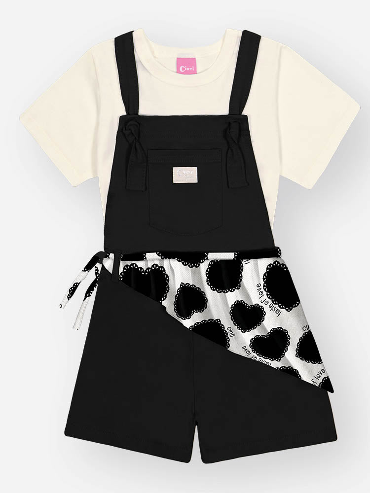 Jardineira Infantil Cinti Verão Preta com Blusa Branca e Lenço
