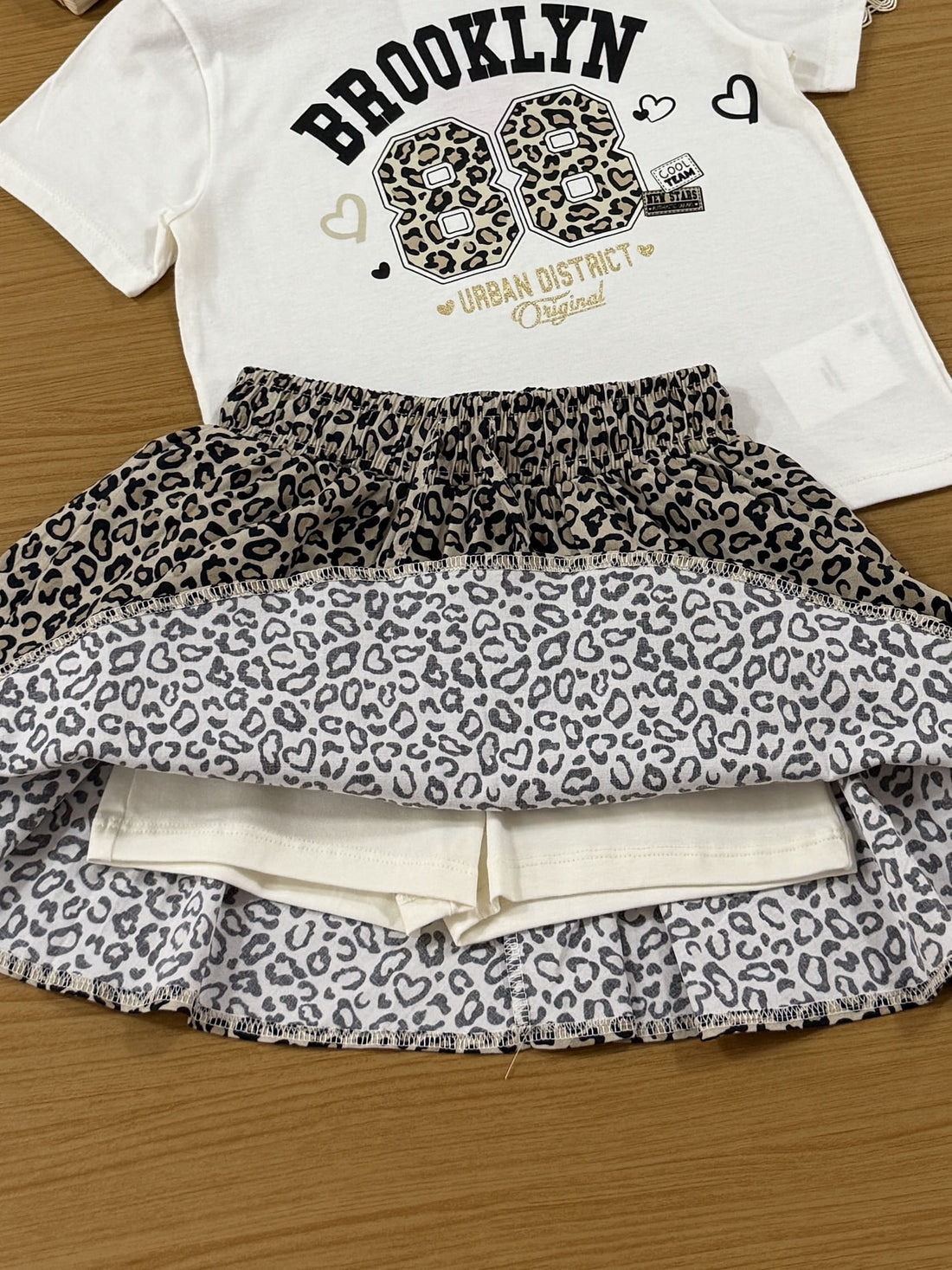Conjunto Infantil Belime Verão com Saia Onça e Blusa Branca Brooklyn