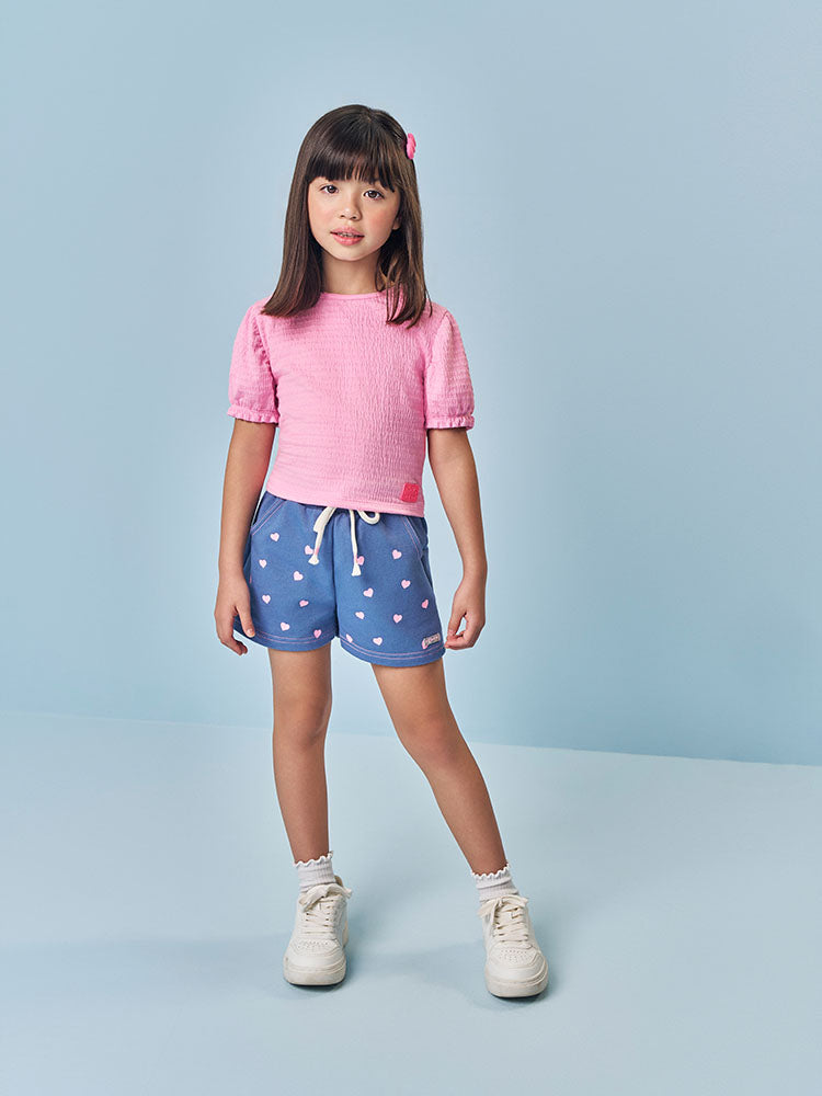 Shorts Infantil Cinti Verão Azul Corações Rosa