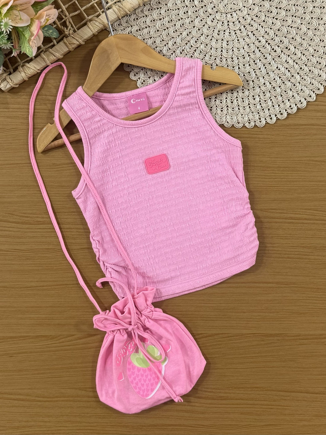 Conjunto Infantil Cinti Verão, Shorts Saia e Regata Rosa com Bolsinha