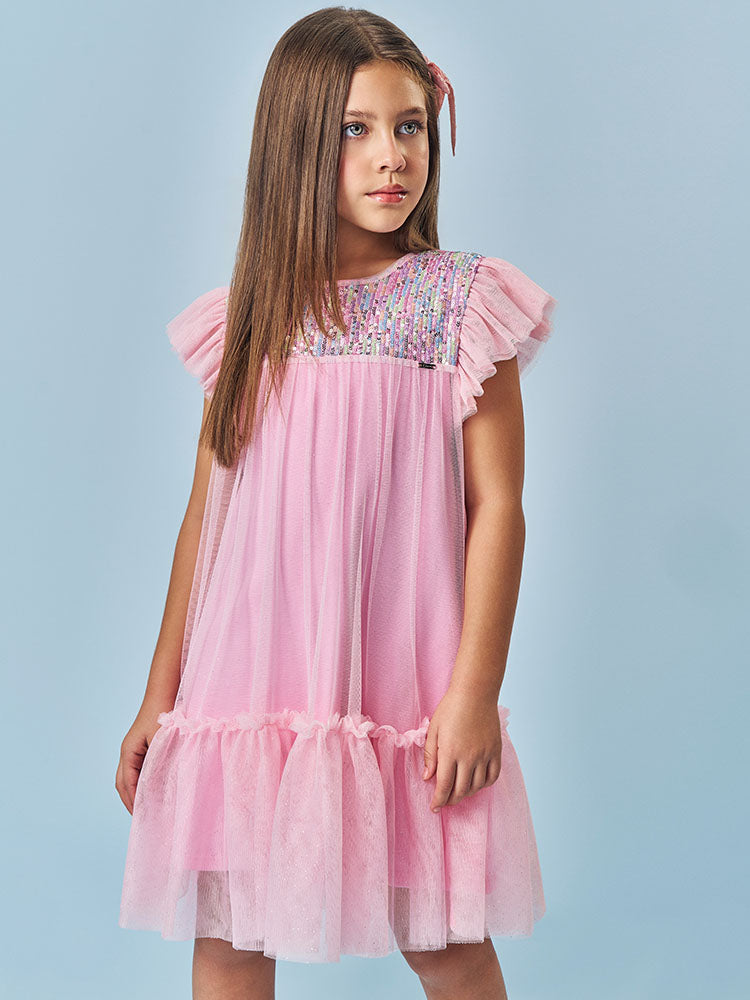 Vestido Infantil Cinti Verão Rosa Paetê e Tule com Glitter