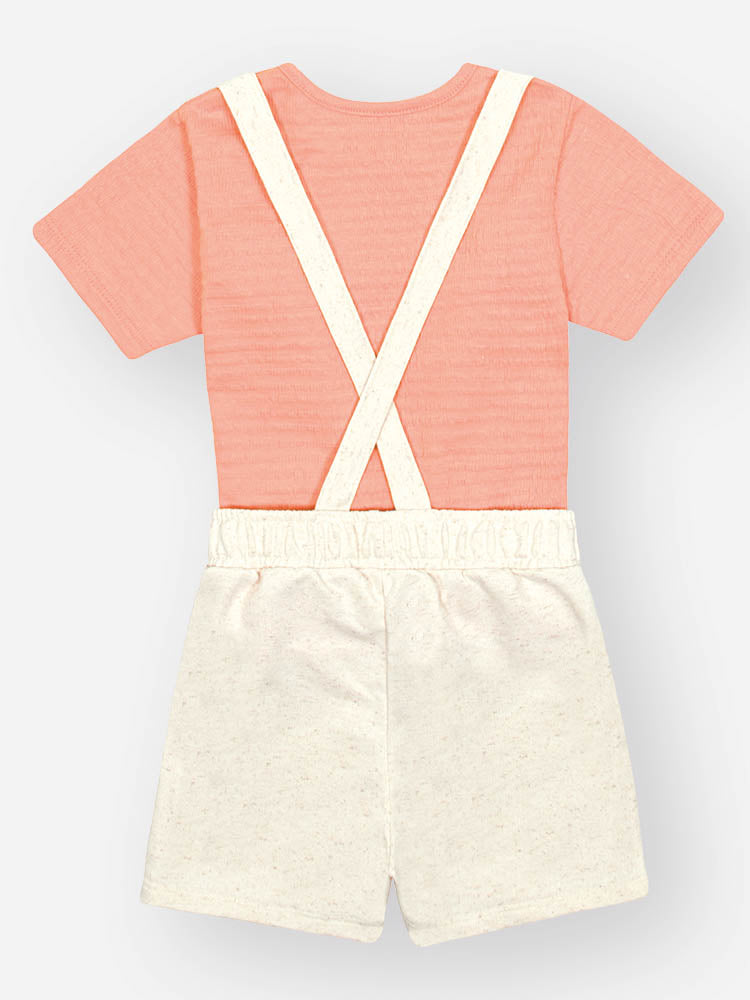 Jardineira Infantil Cinti Verão Off White Frutinhas com Blusa Laranja