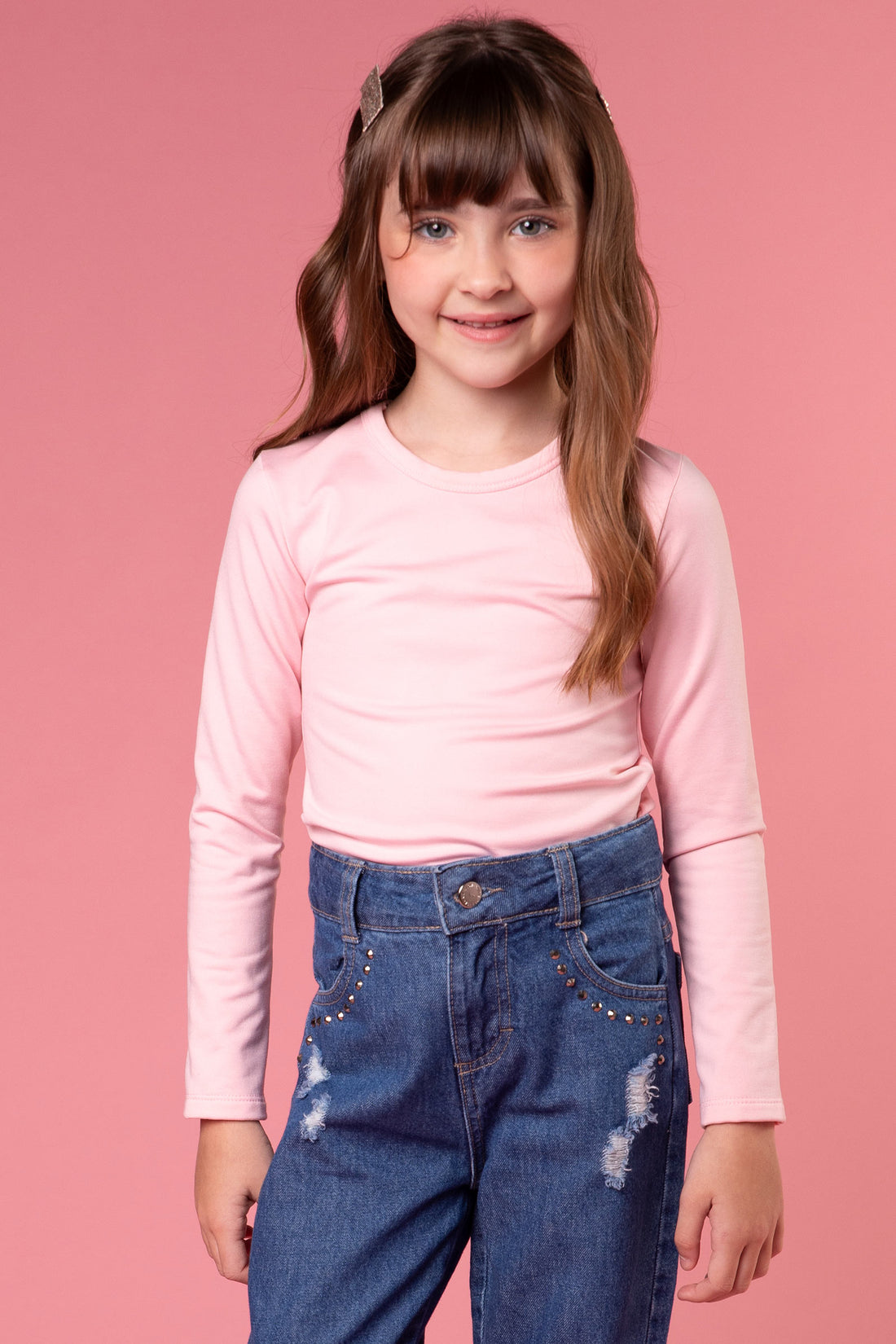 Blusa Infantil Kukie Inverno Manga Longa Térmica Rosa Básica