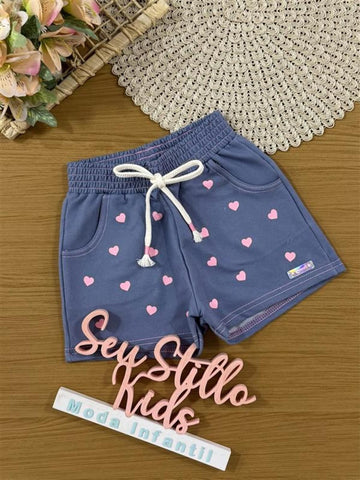 Shorts Infantil Cinti Verão Azul Corações Rosa