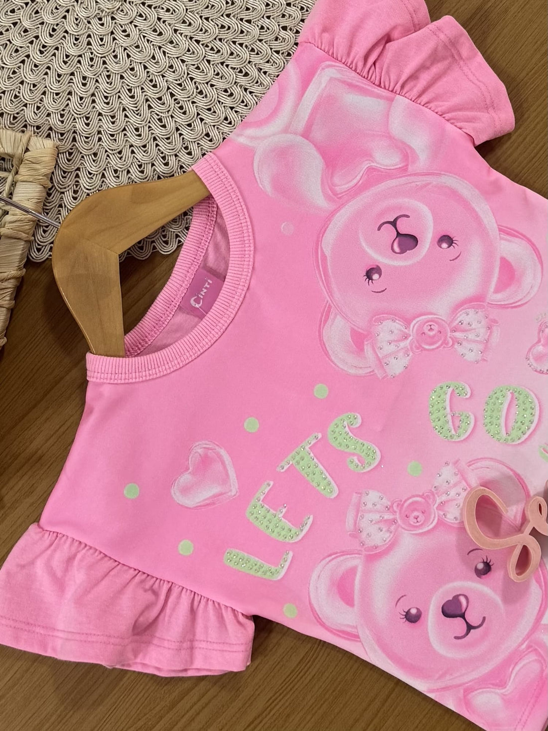 Blusa Infantil Cinti Verão Rosa Ursinhas com Strass