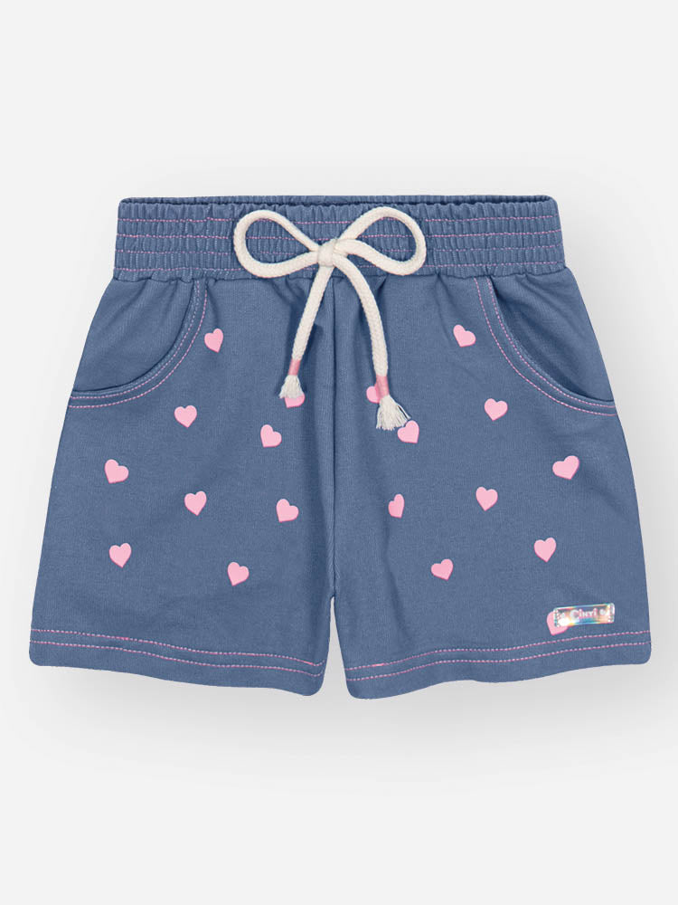 Shorts Infantil Cinti Verão Azul Corações Rosa
