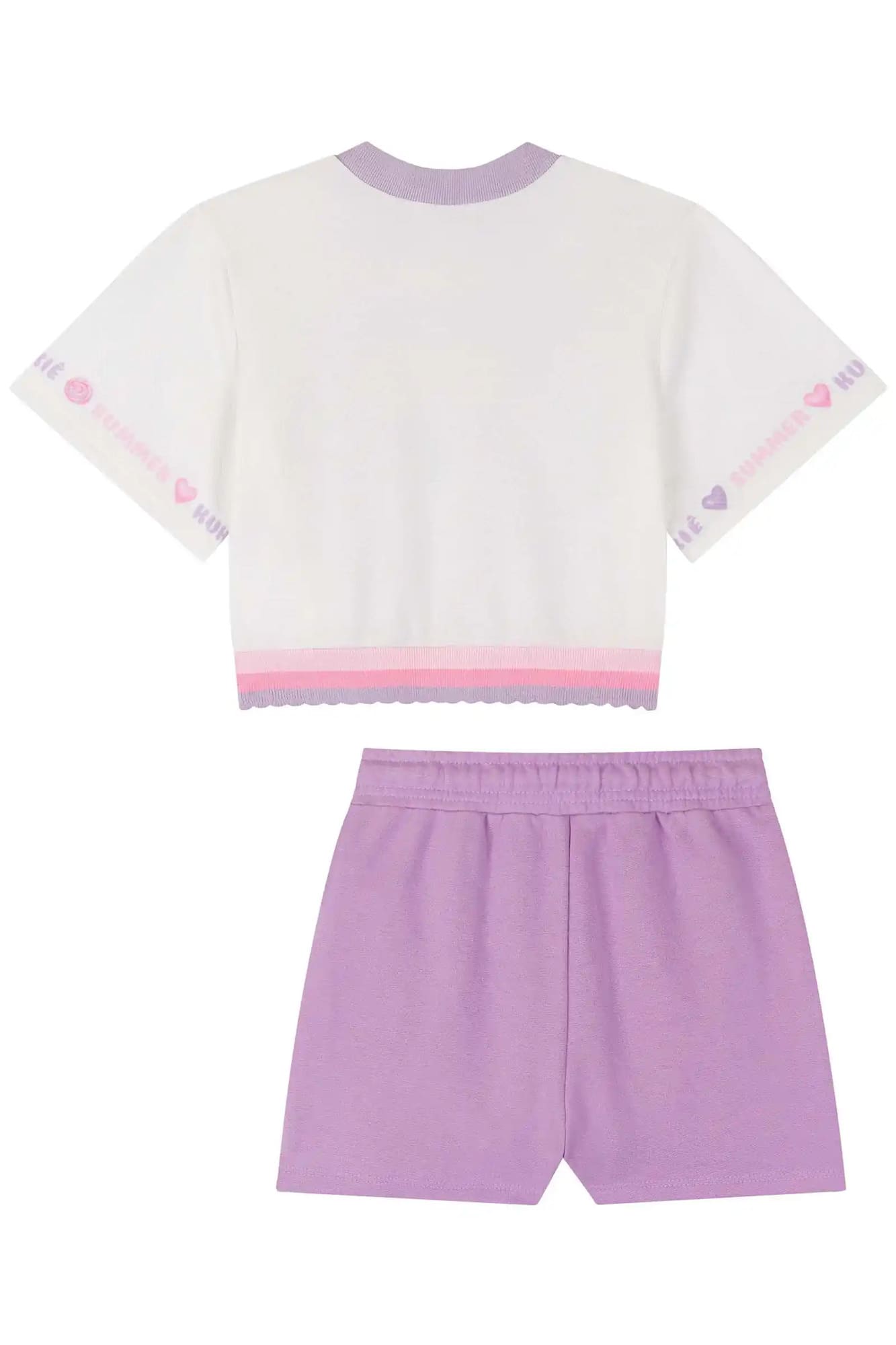 Conjunto Infantil Kukiê Verão com Shorts Saia Lilás e Blusa Branca Cachorrinha Summer