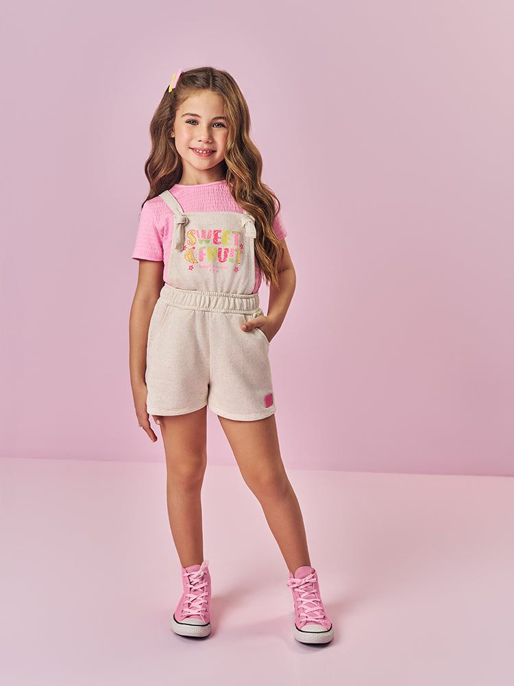 Jardineira Infantil Cinti Verão Off White Frutinhas com Blusa Rosa