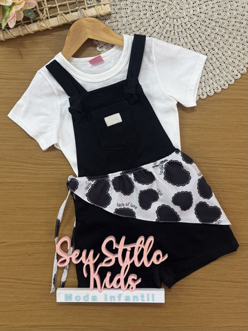 Jardineira Infantil Cinti Verão Preta com Blusa Branca e Lenço