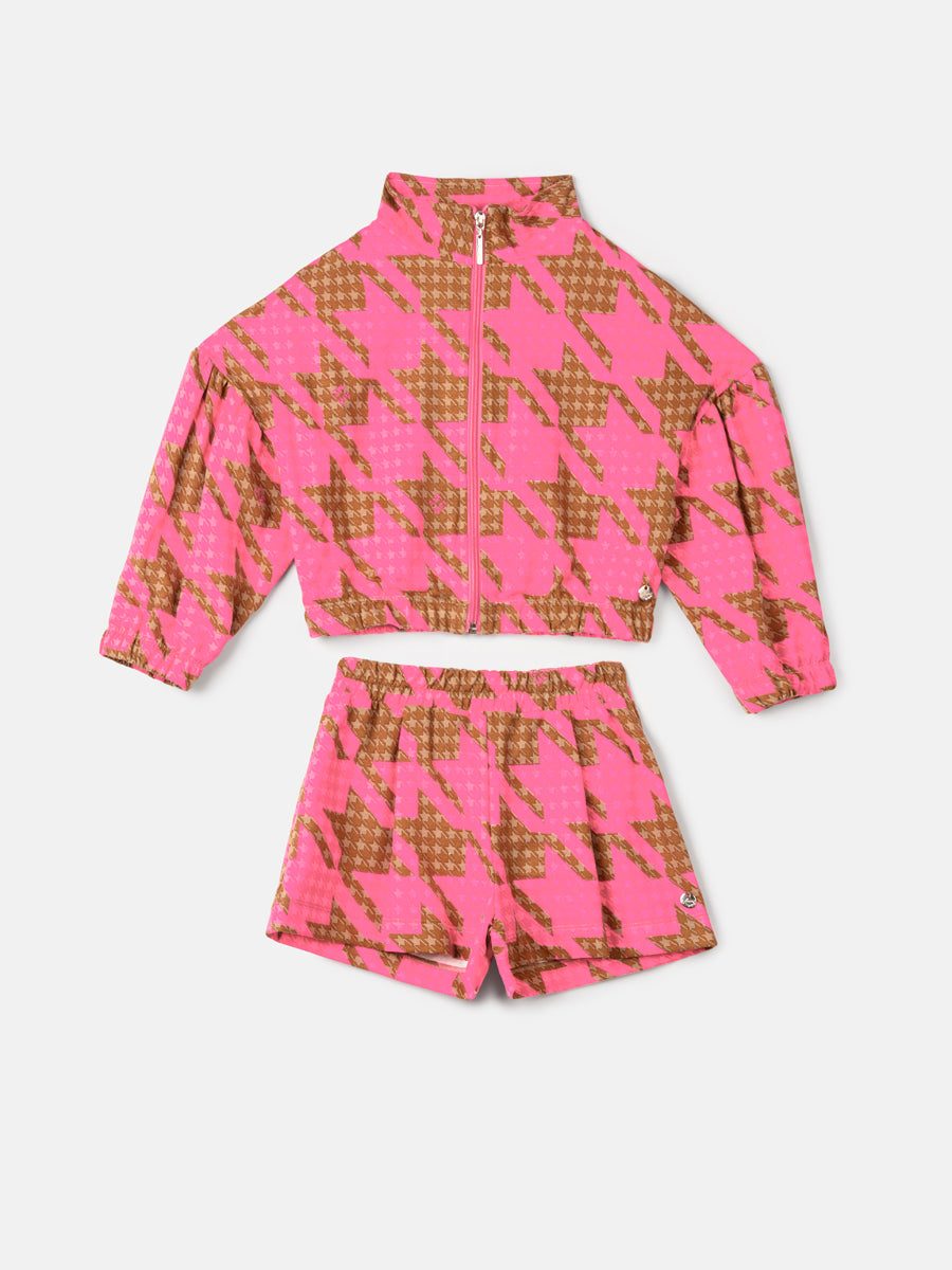 Conjunto Infantil Animê Inverno Shorts Saia e Casaco Rosa Pied de Poule