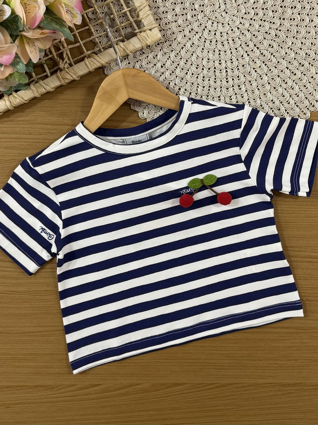 Conjunto Infantil Bimbi Verão com Shorts Azul Marinho e Blusa Listrada Cerejinha