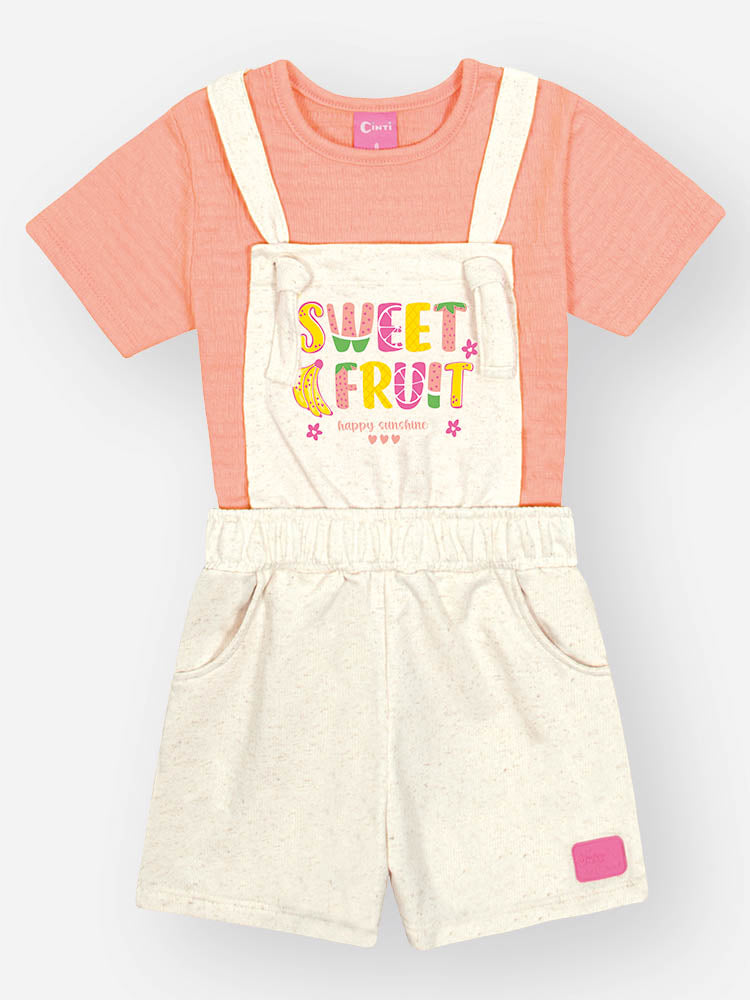 Jardineira Infantil Cinti Verão Off White Frutinhas com Blusa Laranja