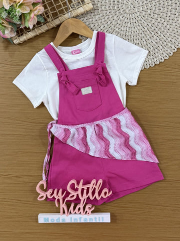 Jardineira Infantil Cinti Verão Rosa com Blusa Branca e Lenço