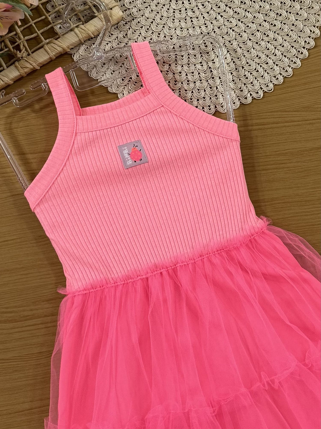 Vestido Infantil Bimbi Verão Rosa com Tule Joaninha
