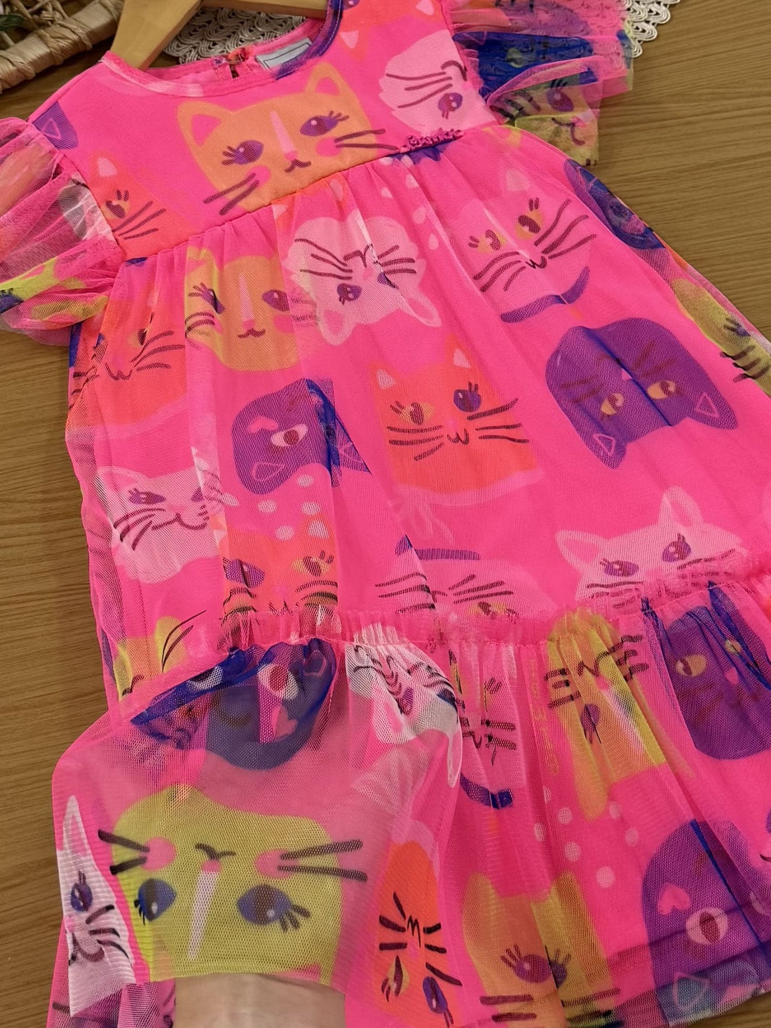 Vestido Infantil Bimbi Verão Rosa com Tule Gatinhos