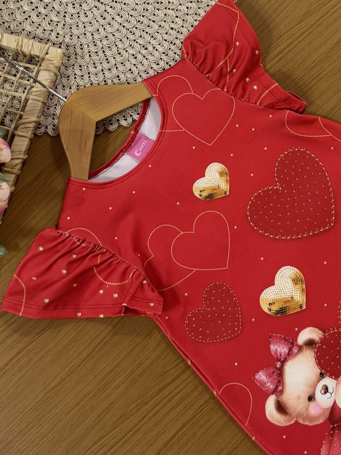Vestido Infantil Cinti Verão Vermelho Ursinha Corações