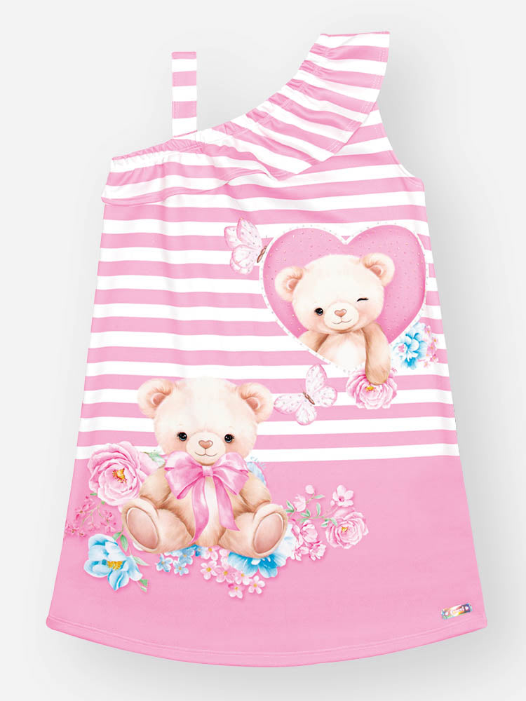 Vestido Infantil Cinti Verão Rosa Listrado Ursinha Coração com Strass