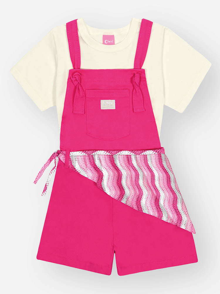 Jardineira Infantil Cinti Verão Rosa com Blusa Branca e Lenço