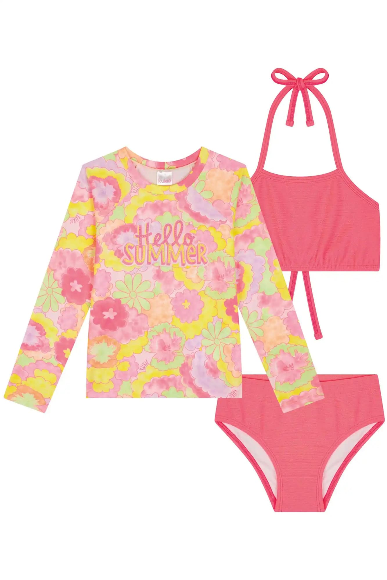 Biquíni Infantil Kukiê Verão Rosa com Blusa Manga Longa Floral
