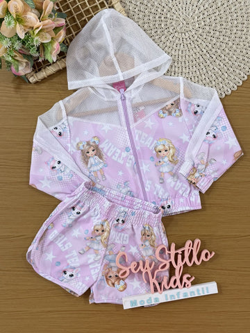 Conjunto Infantil Cinti Verão com Shorts e Jaqueta Rosa Menininha Tênista