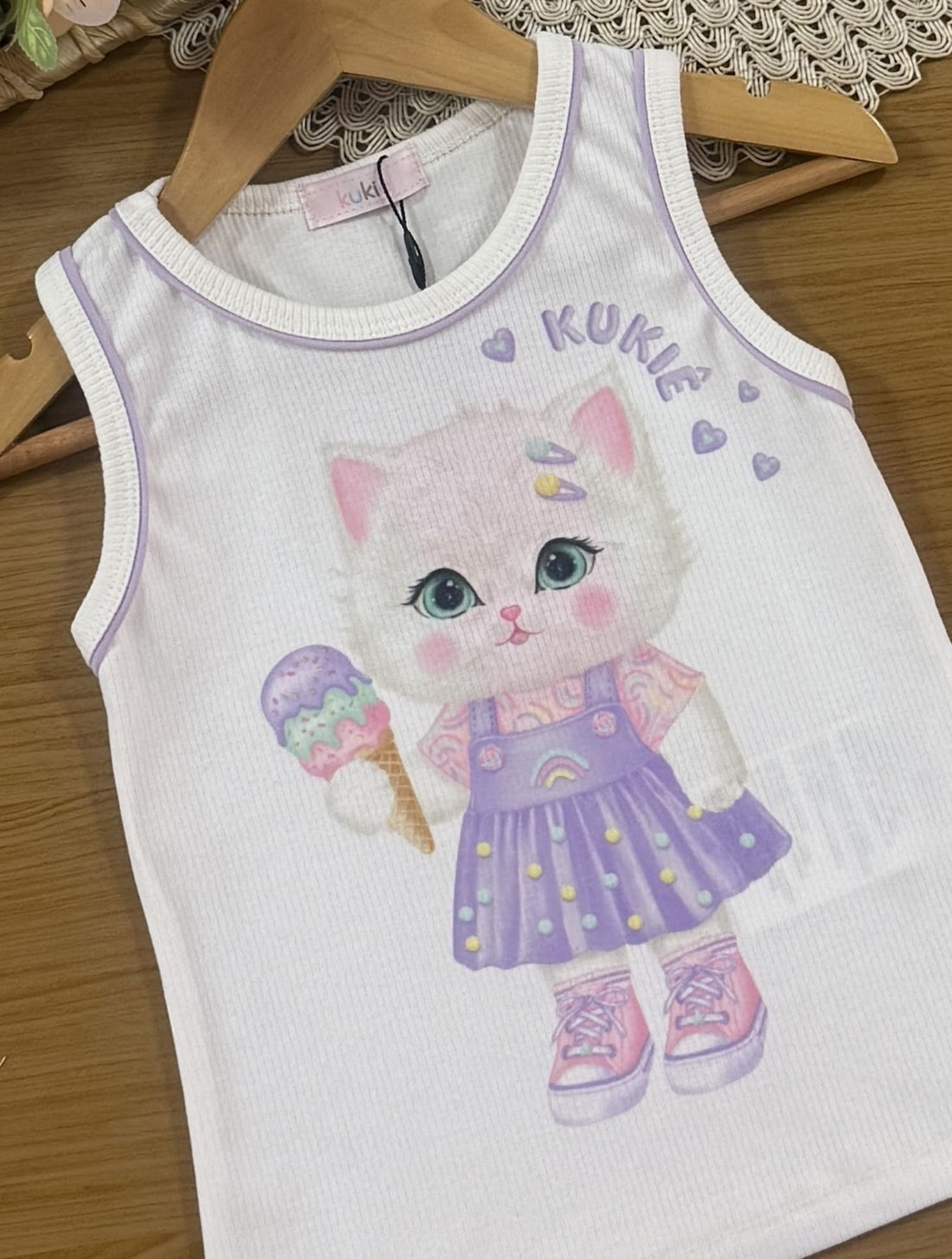 Regata Infantil Kukiê Verão Off White Gatinha