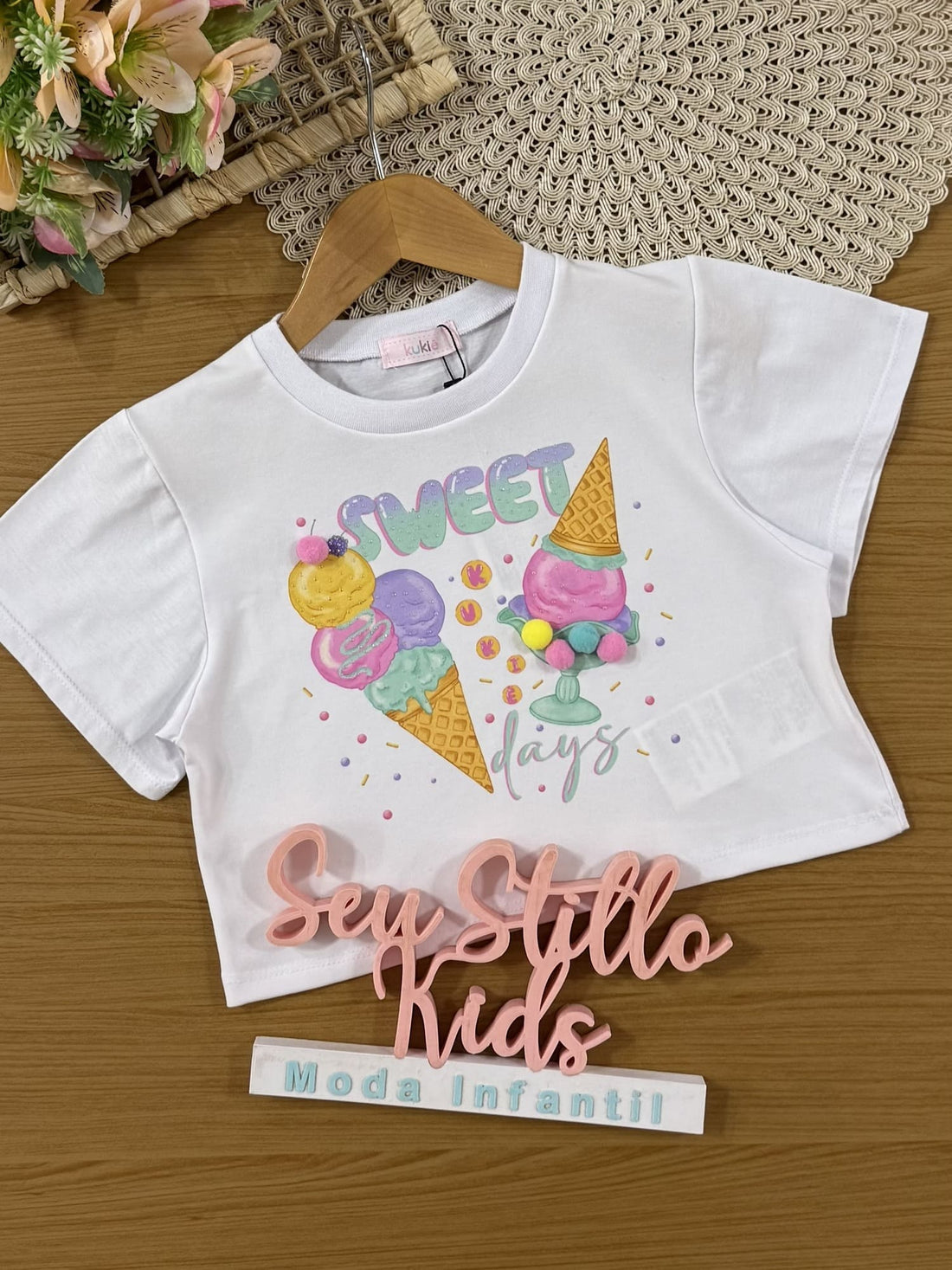 Conjunto Infantil Kukiê Verão com Shorts Verde e Blusa Branca Sorvetinho