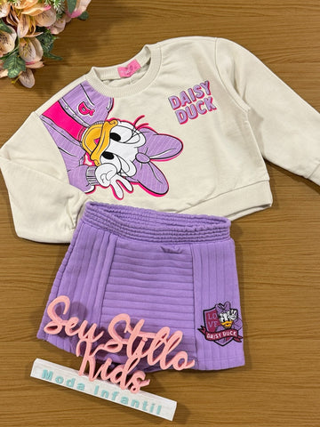 Conjunto Infantil Momi Inverno Shorts Saia Lilás e Moletom Daisy Disney