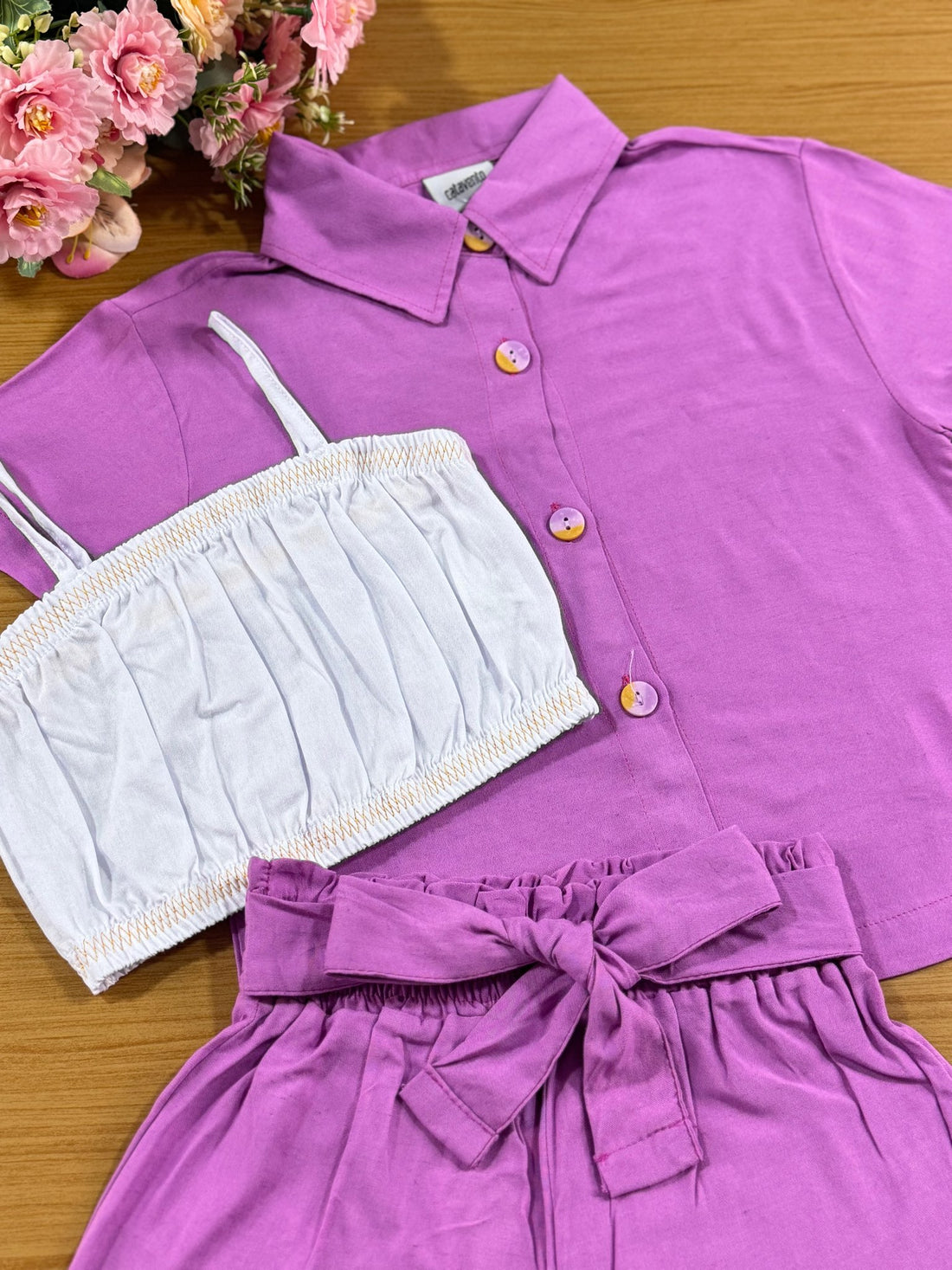 Conjunto Infantil Catavento Verão Shorts, Top e Camisa Roxo