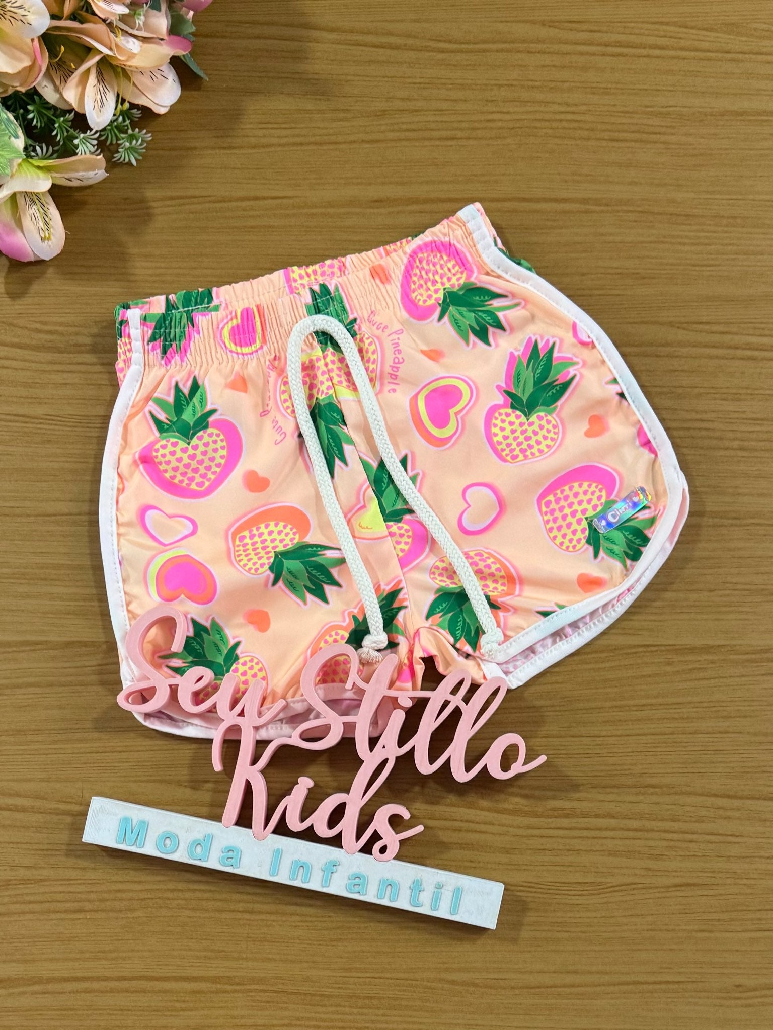 Shorts Infantil Cinti Verão Nylon Laranja Abacaxi