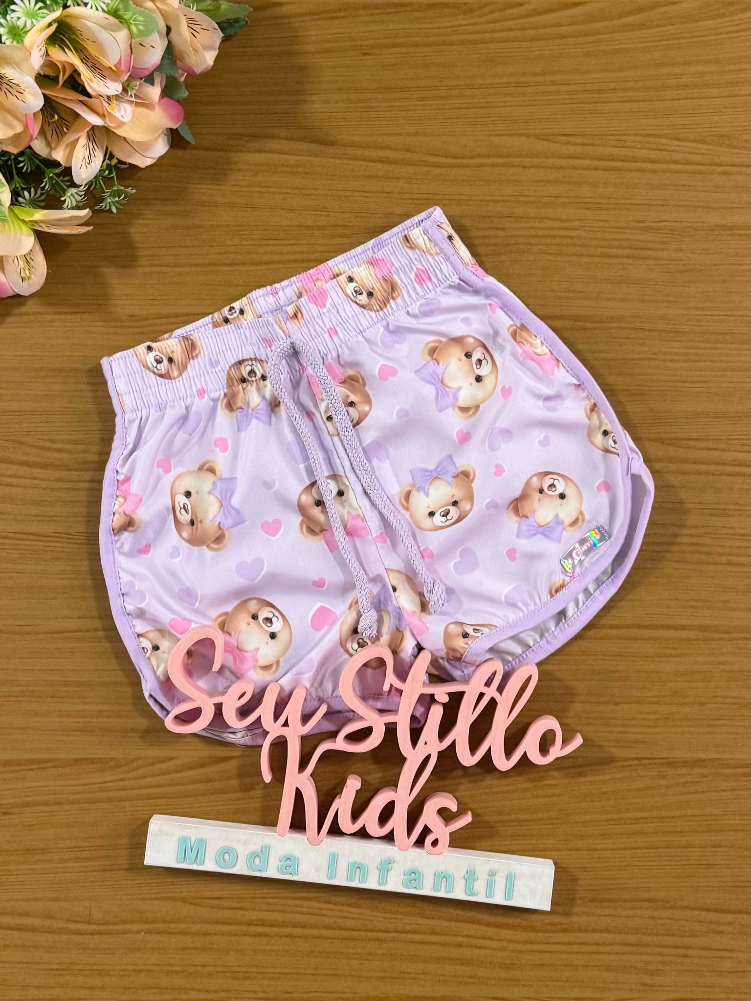 Shorts Infantil Cinti Verão Nylon Lilás Ursinha