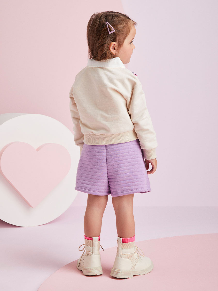 Conjunto Infantil Momi Inverno Shorts Saia Lilás e Moletom Daisy Disney
