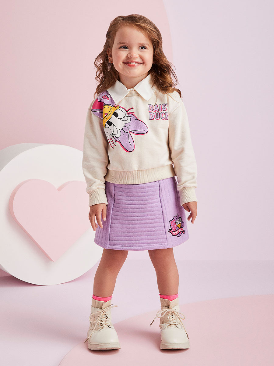 Conjunto Infantil Momi Inverno Shorts Saia Lilás e Moletom Daisy Disney