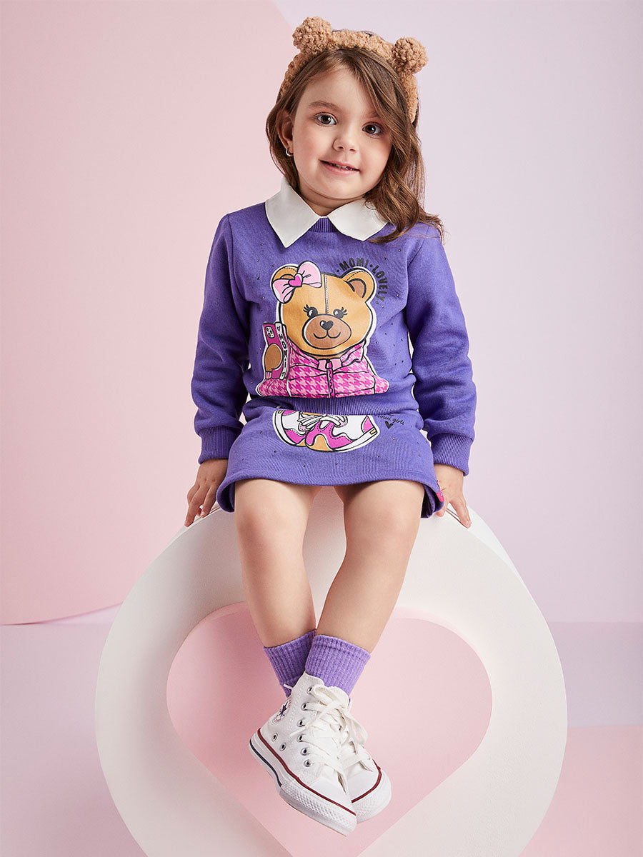 Conjunto Infantil Momi Inverno Shorts Saia Lilás e Moletom Flanelado Ursinha Cute