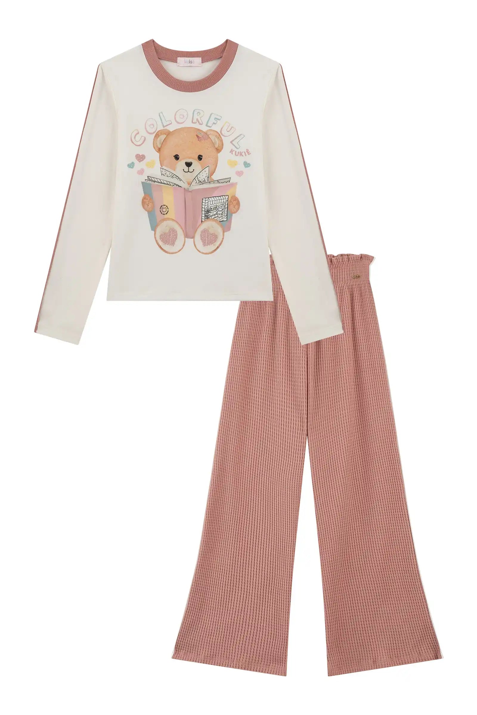 Conjunto Infantil Kukiê Inverno com Calça Rosa e Blusa Manga Longa Ursinha Colorful