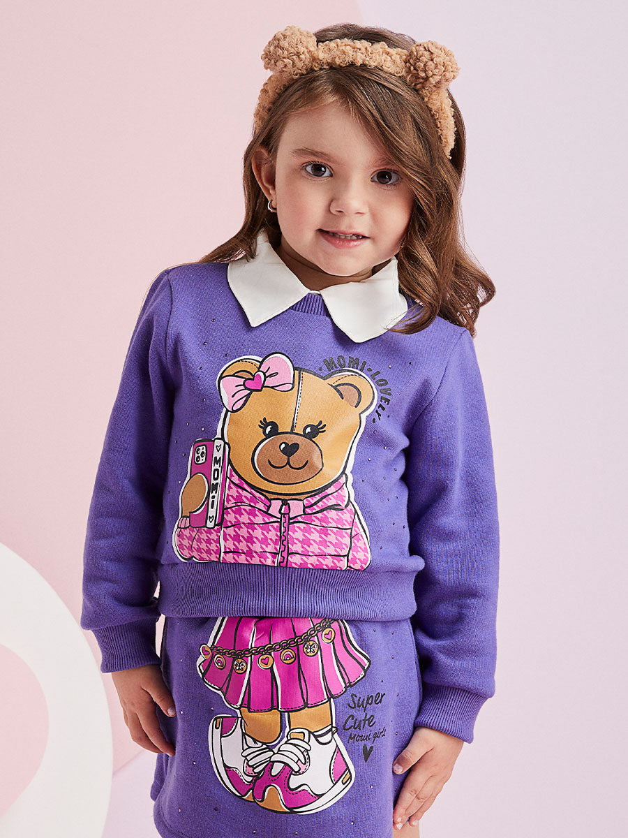 Conjunto Infantil Momi Inverno Shorts Saia Lilás e Moletom Flanelado Ursinha Cute