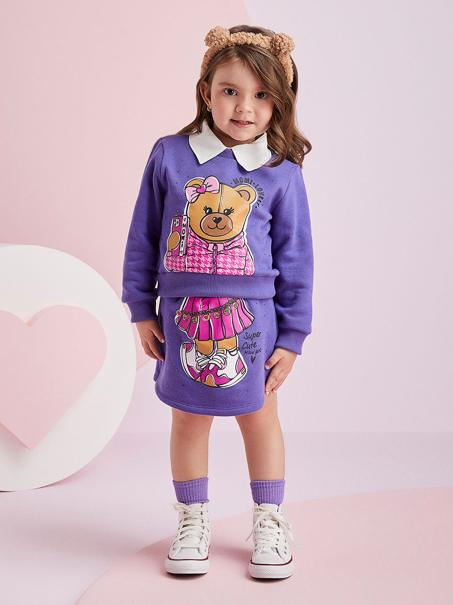 Conjunto Infantil Momi Inverno Shorts Saia Lilás e Moletom Flanelado Ursinha Cute