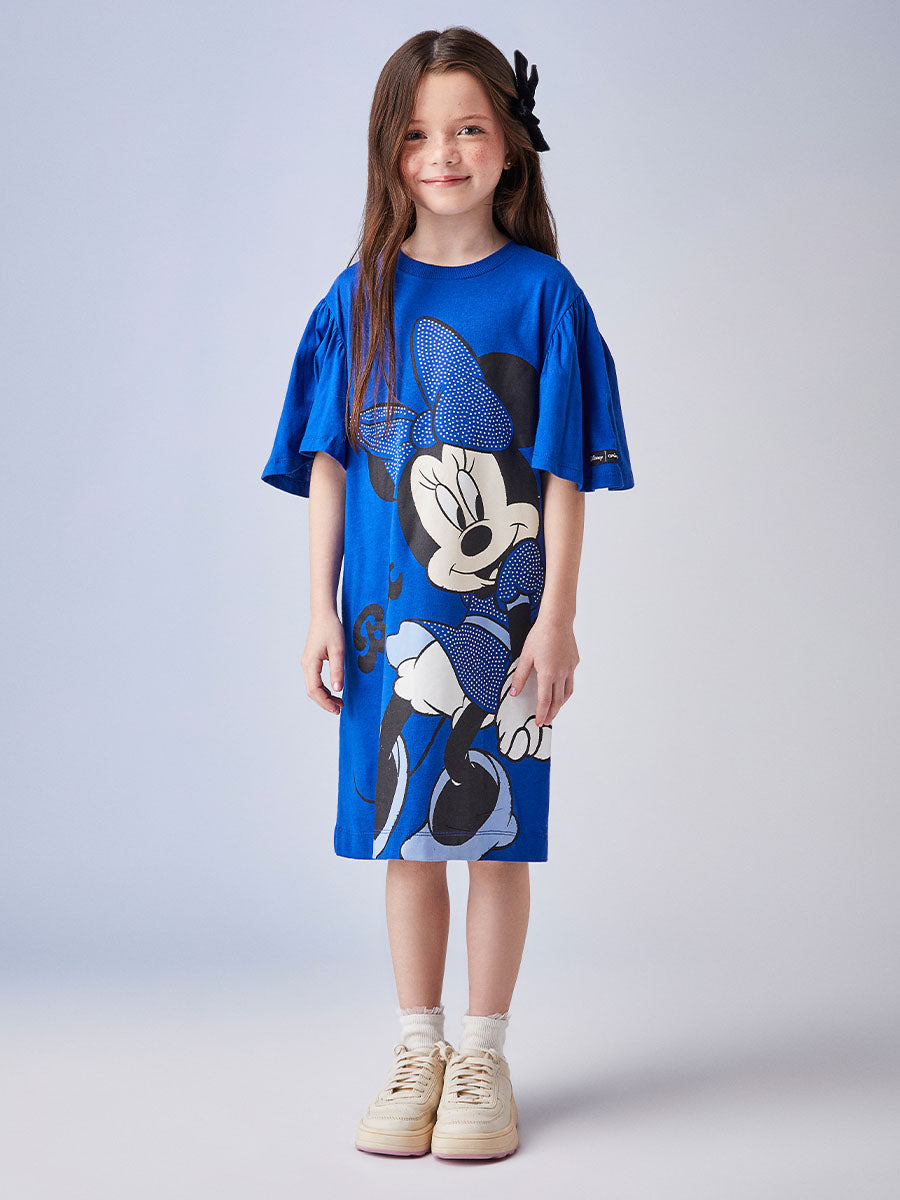 Vestido Infantil Animê Inverno Azul Minnie e Margarida Disney