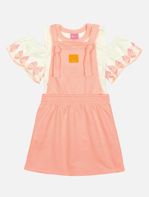 Salopete Infantil Cinti Verão Laranja Com Blusa Off White Borboletas
